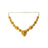 A gold filigree necklace, in a tapering panel shaped link design, detailed 22 22,