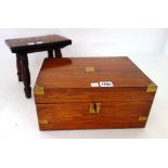 A 19th century inlaid small stool on turned supports, 22cm wide, and a Victorian brass bound box,