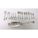 Silver flatware, comprising; a fiddle pattern fish slice engraved and pierced with a fish,