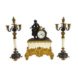 A French bronze, ormolu and white marble mantel clock garniture, late 19th century,