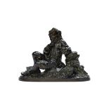 Entance de Linnee; a bronze of a young boy studying a flower with a magnifying glass,