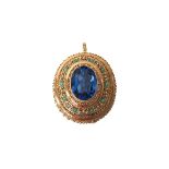 A gold, blue topaz, turquoise and seed pearl set oval pendant brooch,