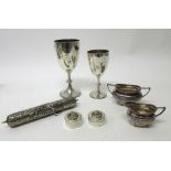 Two silver trophy cups, both presentation inscribed, combined weight 437 gms, also plated wares,