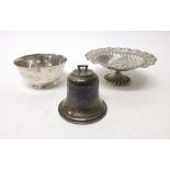 Silver, comprising; a hinge lidded inkstand, formed as a bell, with a glass liner, Birmingham 1914,