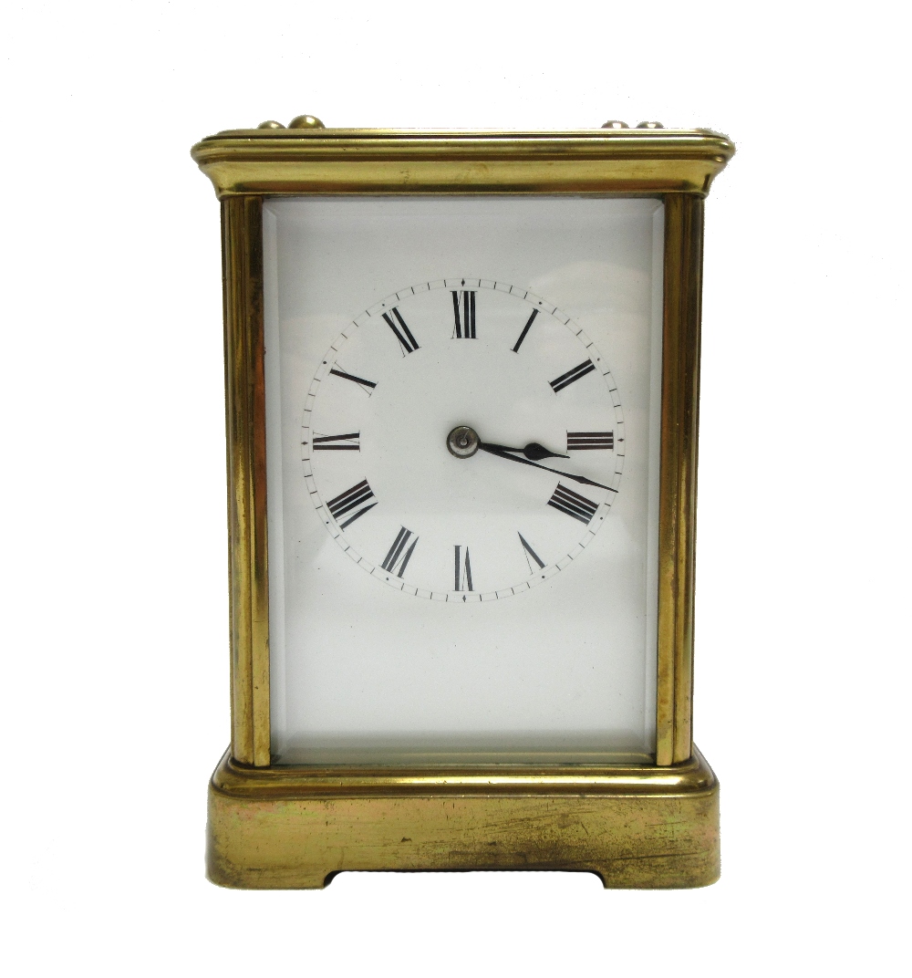 A French R&C brass cased carriage clock, circa 1900, with visible escapement,