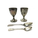 Silver, comprising; a pair of George III goblets, each raised on a domed circular foot,