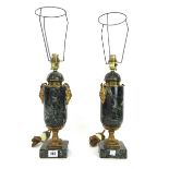 A pair of French green vein marble and ormolu mounted table lamps, late 19th century,