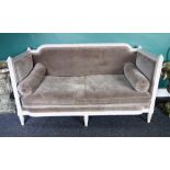 A grey painted Louis XVI style square back sofa, on tapering fluted supports,