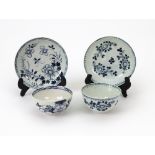 Two Liverpool porcelain tea bowls and saucers, circa 1770,