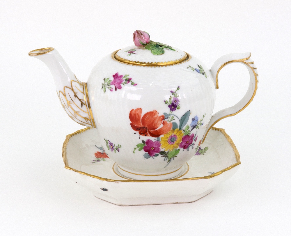 A Copenhagen porcelain ogee silver shape teapot and stand, 19th century, painted with flowers, - Image 2 of 2