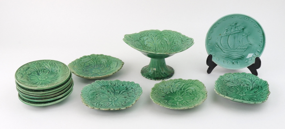 Eleven green glazed cabbage leaf moulded dishes, plates and comport, Patent Ironstone china plate, - Image 2 of 3