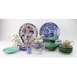 Eleven green glazed cabbage leaf moulded dishes, plates and comport, Patent Ironstone china plate,