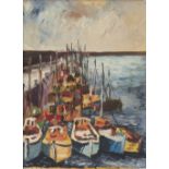 English School, 20th Century, Boats in harbour, initialled 'E.K.S.