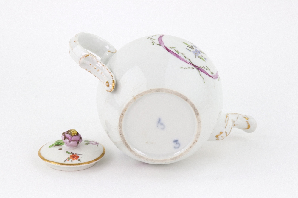 A Furstenberg porcelain bullet shape teapot, late 18th century, painted with flowers, - Image 3 of 3