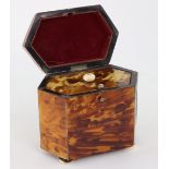 A Regency tortoiseshell pewter strung hexagonal tea caddy,