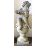 A weathered pre-cast terrace figure of Pan playing a pipe, after the antique, seated on a sphere,