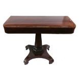 A William IV mahogany tea table, the hinged D-shape rosewood crossbanded fold-over top,