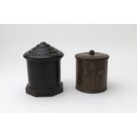 A fruitwood string box, second half 19th century, cylindrical, on an octagonal base,