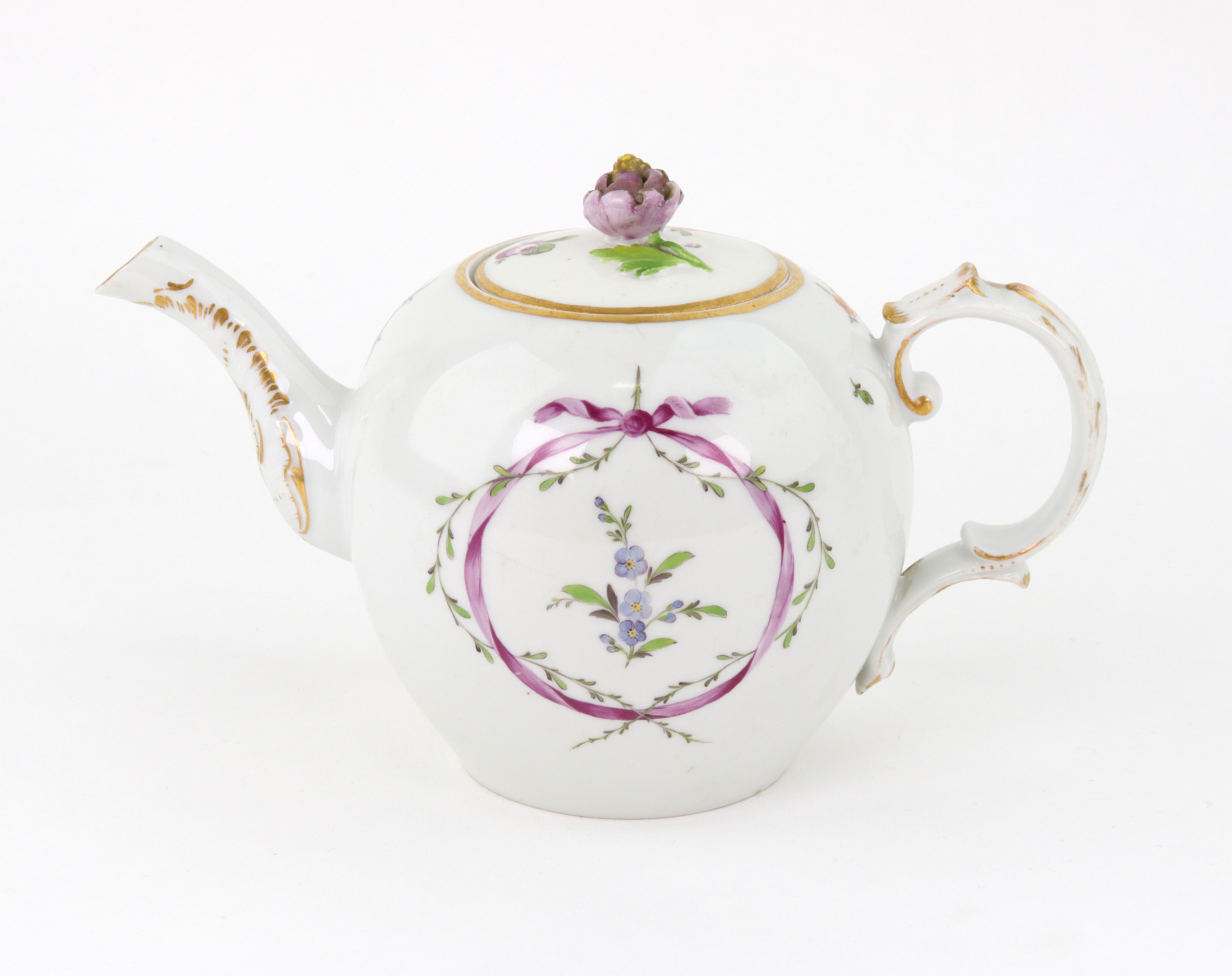 A Furstenberg porcelain bullet shape teapot, late 18th century, painted with flowers, - Image 2 of 3