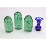 A group of three Stourbridge green glass dumps, suffused with bubbles, 15.5 & 13.