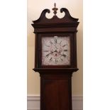 A George III mahogany longcase clock, with later painted square enamel dial, freestanding pilasters,