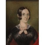 English School, 19th Century, A portrait miniature of a lady wearing a pink ribbon, watercolour,