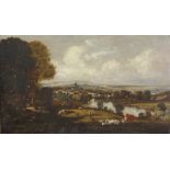 English School, 18th Century/19th Century, A landscape with cows and sheep with a town beyond,