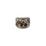 A white metal, diamond and multi-coloured gem-set ring,