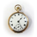 An early 20th century Swiss 9ct gold cased open face fob watch, with a keyless lever movement,