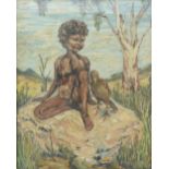 Jo Mills (Australian, 20th Century), An Aboriginal boy with a bird, signed 'Jo Mills' (lower left),