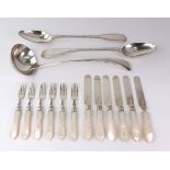 A set of six pairs of Edwardian silver and mother of pearl handled dessert knives and forks,