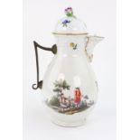 A Meissen porcelain pear shape coffee pot, circa 1760, painted with pastoral scenes and flowers,