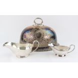 Four George III style electroplate entree dishes, three with gadroon borders,