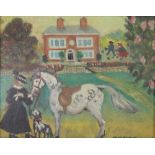 Follower of Helen Bradley (British, 1900-1979) A lady with a horse and dog before a country house,