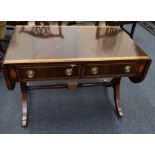 A reproduction Regency style mahogany satinwood banded boxwood and ebony strung sofa table,