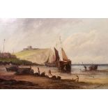 W Rogers (British 1848-1872), Fishing boats and fishermen on the beach,