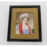 English School, 19th Century, Portrait miniature of a lady wearing a hat,