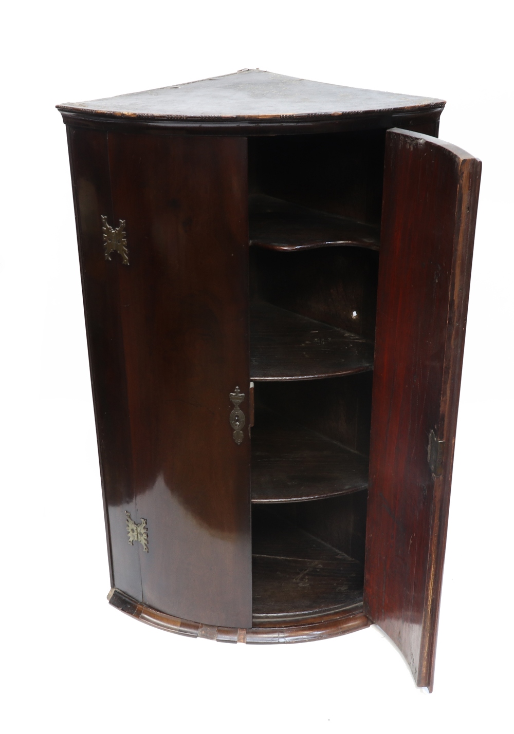 A George III mahogany bow-fronted wall hanging corner cabinet,