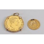 Alfonso XII Spain gold 25 Pesetas, 1880, in pendant mount and a Napoleon III gold 5 Francs coin,