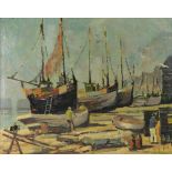 L Shortell (British, 20th Century), Fishing boats in dry dock,