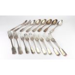 Nine George IV - Victorian silver fiddle pattern dessert forks, various dates and makers,