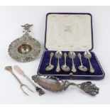 A cased set of six silver coffee spoons, Mappin & Webb, London 1929, with shaped stems,