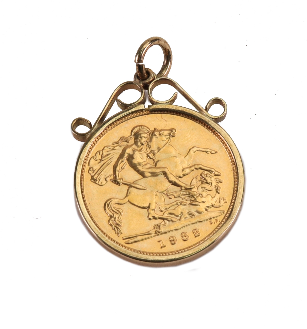 An Elizabeth II half sovereign 1982, in a 9ct gold pendant mount.