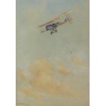 Bert Mockett (British, 20th Century), A First World War biplane flying over fields,