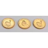 Three South African gold 2 Rand coins, 2 x 1971, 1 x 1975 (3).