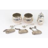 An Art Deco silver three piece condiment set, Hukin & Heath, Birmingham 1934, baluster shape,