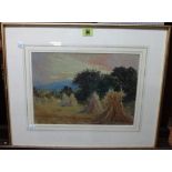 Theresa Sylvester Stannard (1898-1947), Harvest field, watercolour, signed, 23.5cm x 33.5cm.