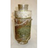 A Chinese soapstone urn and cover of ribbed cylindrical form, on narrow cylindrical base,