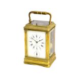 A French brass cased, repeating carriage clock, late 19th century, with visible platform escapement,