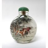 A Chinese inside painted glass snuff bottle, 20th century, painted with eight horses in a landscape,